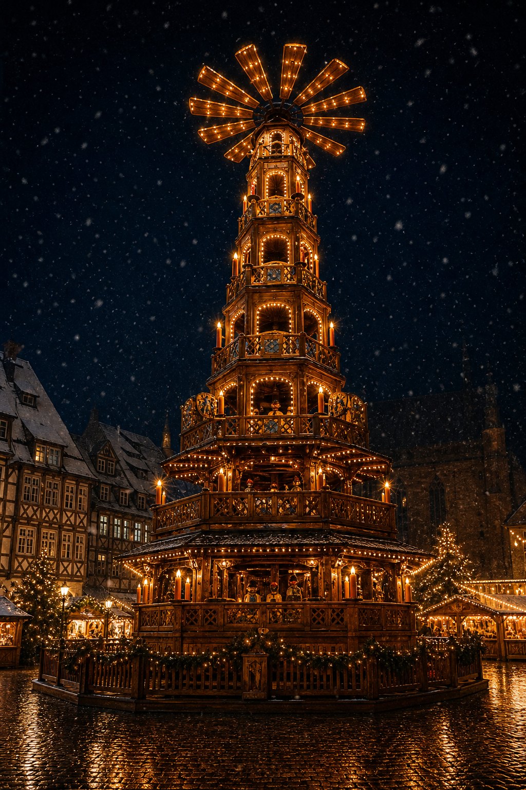 Die beleuchtete Weihnachtspyramide bei Nacht auf dem Wintermarkt